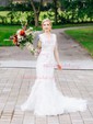 Trumpet/Mermaid V-neck Organza Tulle Sweep Train Appliques Lace Wedding Dresses