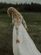 A-line Scoop Neck Tulle Sweep Train Wedding Dresses With Appliques Lace