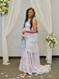 Sheath/Column Sweetheart Lace Sweep Train Wedding Dresses With Split Front