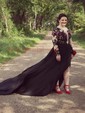 Black A-line Illusion Chiffon Tulle Prom Dresses With Appliques