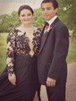 Black A-line Illusion Chiffon Tulle Prom Dresses With Appliques