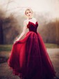 Ball Gown V-neck Velvet Tulle Ruffle Prom Dresses