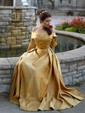 Ball Gown Off-the-shoulder Satin Modest Prom Dresses With Ruched