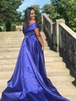 Ball Gown/Princess Sweep Train Off-the-shoulder Satin Split Front Prom Dresses