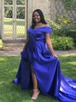 Ball Gown/Princess Sweep Train Off-the-shoulder Satin Split Front Prom Dresses