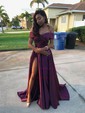 Ball Gown/Princess Sweep Train Off-the-shoulder Satin Split Front Prom Dresses