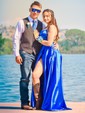 A-line Scoop Neck Satin Prom Dresses With Ruched