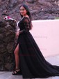 Ball Gown V-neck Backless Tulle Prom Dresses With Appliques
