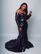 Mermaid Off-the-shoulder Sparkly Sequin Prom Dresses With Long Sleeves