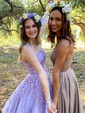 Ball Gown/Princess Sweep Train Scoop Neck Tulle Appliques Lace Prom Dresses