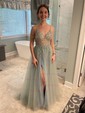 Ball Gown/Princess Floor-length V-neck Tulle Beading Prom Dresses