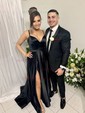 Black Ball Gown V-neck Satin Prom Dresses With Split