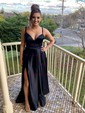 Black Ball Gown V-neck Satin Prom Dresses With Split