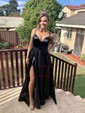 Black Ball Gown V-neck Satin Prom Dresses With Split