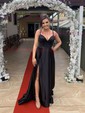 Black Ball Gown V-neck Satin Prom Dresses With Split