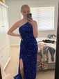 Sheath/Column One Shoulder Velvet Sequins Sweep Train Split Front Prom Dresses