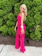 Sheath/Column One Shoulder Velvet Sequins Sweep Train Split Front Prom Dresses