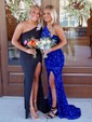 Sheath/Column One Shoulder Velvet Sequins Sweep Train Split Front Prom Dresses