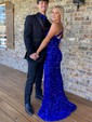 Sheath/Column One Shoulder Velvet Sequins Sweep Train Split Front Prom Dresses