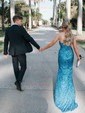 Sheath/Column One Shoulder Velvet Sequins Sweep Train Split Front Prom Dresses