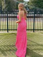 Sheath/Column One Shoulder Velvet Sequins Sweep Train Split Front Prom Dresses