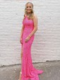 Sheath/Column One Shoulder Velvet Sequins Sweep Train Split Front Prom Dresses