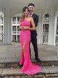 Sheath/Column One Shoulder Velvet Sequins Sweep Train Split Front Prom Dresses