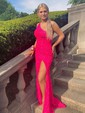 Sheath/Column One Shoulder Velvet Sequins Sweep Train Split Front Prom Dresses