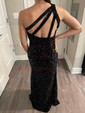 Sheath/Column One Shoulder Velvet Sequins Sweep Train Split Front Prom Dresses