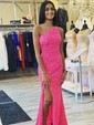 Sheath/Column One Shoulder Velvet Sequins Sweep Train Split Front Prom Dresses