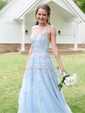 Ball Gown V-neck Tulle Lace Prom Dresses With Appliques Lace