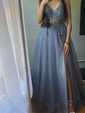 A-line V-neck Tulle Sweep Train Appliques Lace Prom Dresses