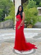 Trumpet/Mermaid Scoop Neck Tulle Sweep Train Appliques Lace Prom Dresses