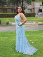 Trumpet/Mermaid Scoop Neck Tulle Sweep Train Appliques Lace Prom Dresses