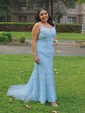 Trumpet/Mermaid Scoop Neck Tulle Sweep Train Appliques Lace Prom Dresses