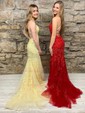 Trumpet/Mermaid Scoop Neck Tulle Sweep Train Appliques Lace Prom Dresses