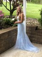 Trumpet/Mermaid Scoop Neck Tulle Sweep Train Appliques Lace Prom Dresses