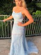 Trumpet/Mermaid Scoop Neck Tulle Sweep Train Appliques Lace Prom Dresses