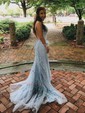 Trumpet/Mermaid Scoop Neck Tulle Sweep Train Appliques Lace Prom Dresses