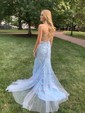 Trumpet/Mermaid Scoop Neck Tulle Sweep Train Appliques Lace Prom Dresses