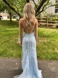 Trumpet/Mermaid Scoop Neck Tulle Sweep Train Appliques Lace Prom Dresses