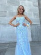 Trumpet/Mermaid Scoop Neck Tulle Sweep Train Appliques Lace Prom Dresses