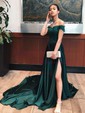 A-line Sweep Train Off-the-shoulder Silk-like Satin Appliques Lace Prom Dresses