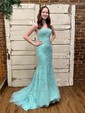 Trumpet/Mermaid Sweep Train Scoop Neck Tulle Lace Appliques Lace Prom Dresses