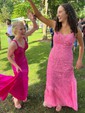 Sheath/Column Scoop Neck Backless Tulle Prom Dresses With Appliques