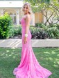 Sheath/Column Scoop Neck Backless Tulle Prom Dresses With Appliques