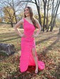 Sheath/Column Sweep Train One Shoulder Velvet Sequins Split Front Prom Dresses