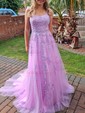 Ball Gown Scoop Neck Tulle Sweep Train Appliques Lace Prom Dresses