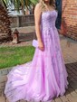 Ball Gown Scoop Neck Tulle Sweep Train Appliques Lace Prom Dresses