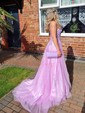 Ball Gown Scoop Neck Tulle Sweep Train Appliques Lace Prom Dresses